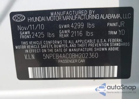 2011 Hyundai Sonata Gls from USA, damaged, VIN 5NPEB4AC0BH202360